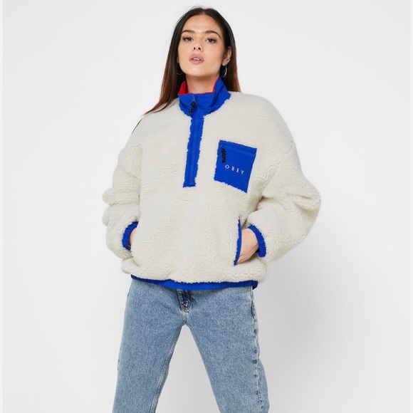 Obey Chiller Anorak Half Zip Pullover Sherpa Jacket In Bone Women's Size Med NWT - Picture 3 of 11